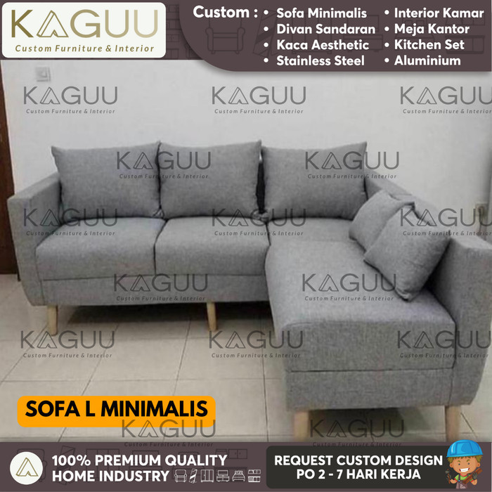 Sofa L Kain Canvas Abu / Sofa Santai Kaguu Costum / Sofa Minimalis Plg - Meja Tamu