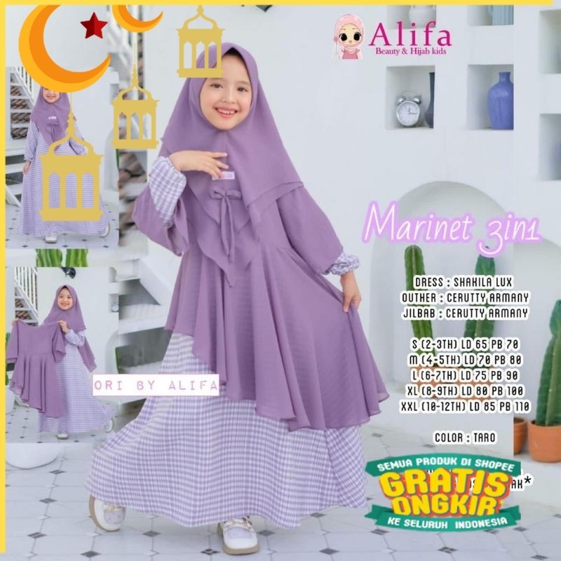GAMIS ANAK MARINET KIDS BY ALIFA SET JILBAB/Maron merah bata red anak tanggng