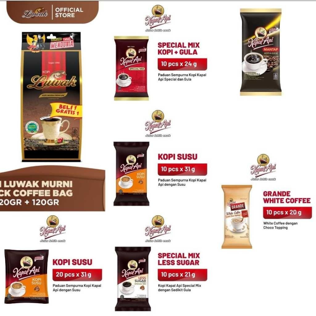 

KAPAL API SPECIAL MIX 10 SACHET MANTAP 8 SACHET KOPI LUWAK MURNI PREMIUM 120g+120g