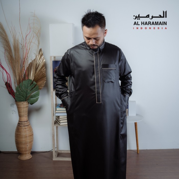 Gamis/ Jubah Pria Haramain + Jubah AlHaramain  Manset 26A Hitam - Hitam, Dewasa