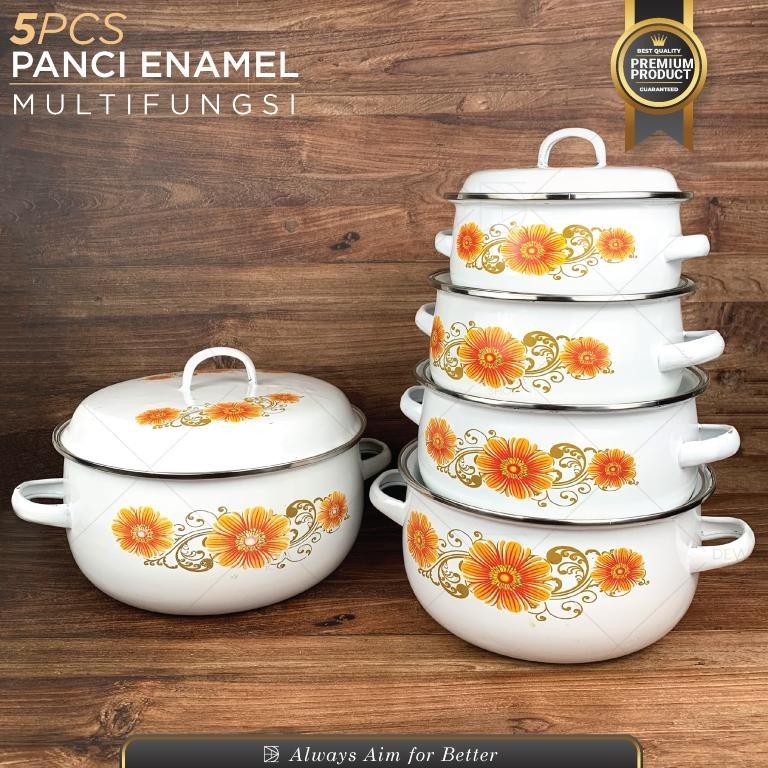 Panci Enamel SET 5PCS Masak Sup Dengan Tutup Putih Motif Bunga
