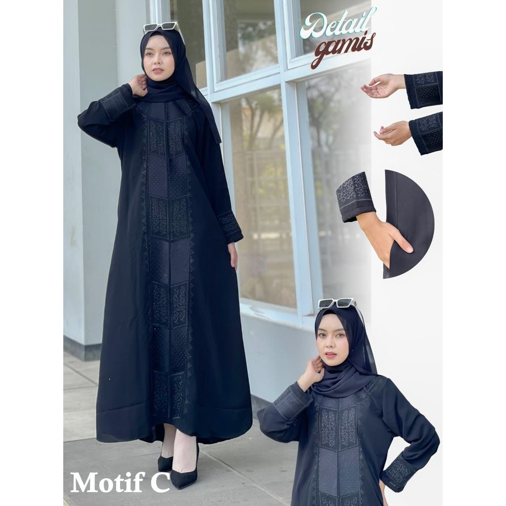 Gamis Abaya Hitam Bordir Asli payet swarovski Jetblack Premium Motif C Gamis arab Exclusive