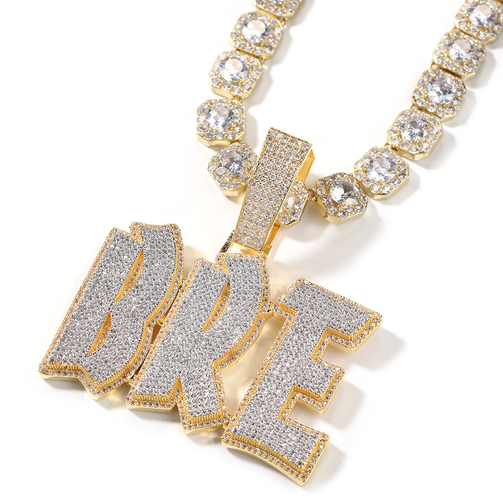 Kalung Liontin Huruf Inisial Lapisan Ganda Nama Kustom Iced Out
