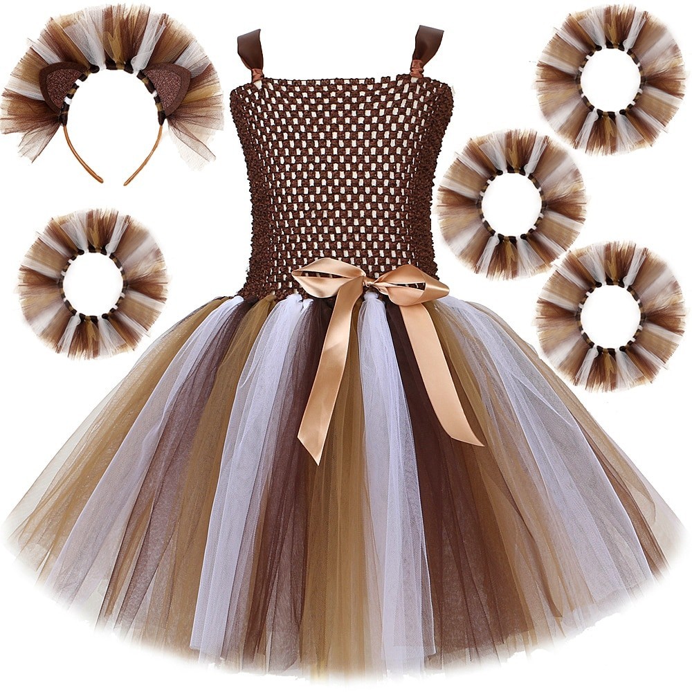 Jungle Lion Party Dresses for Girls Kids Animal Halloween Costume with Wrist & Ankle Cuffs Princess 