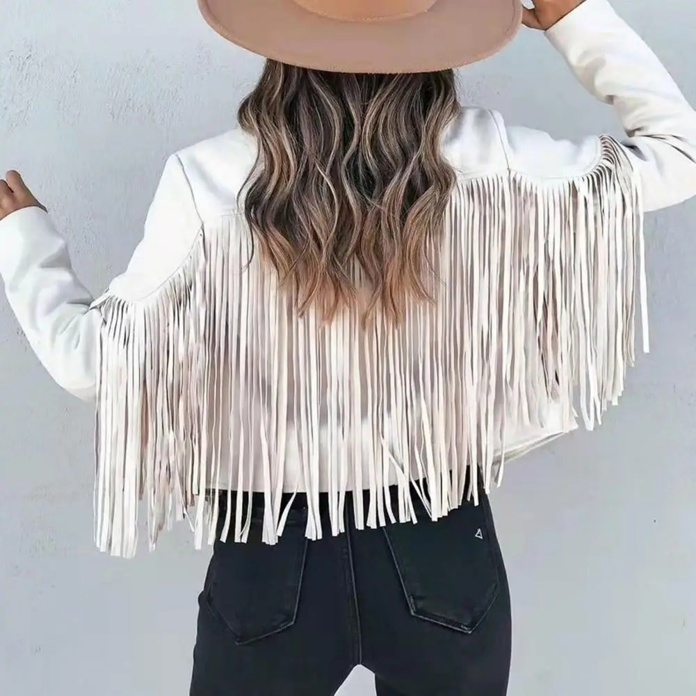 Autumn Women Fringed Hem Tassel Cardigan Crop Tops E girl Motor Biker Jacket Suede Leather Jacket 90