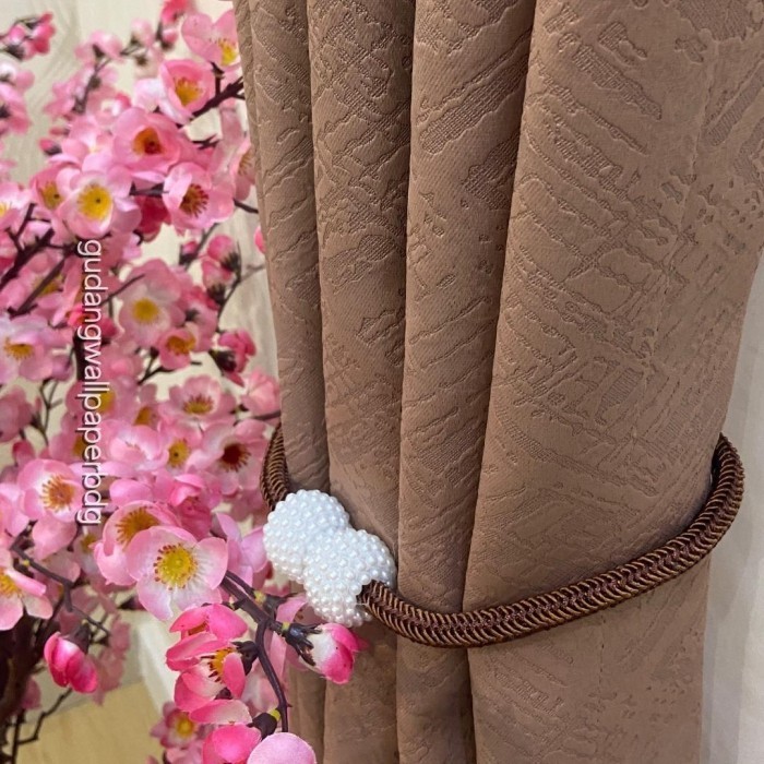 Gorden Tirai   Blackout Hijau Mint Pastel Coklat Emboss - Cinnamon, Tanpa Tassel