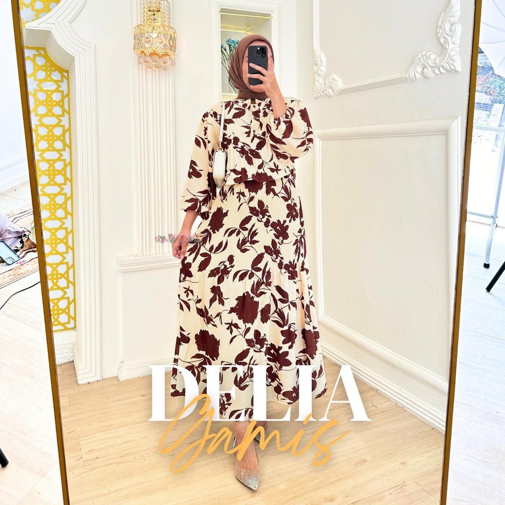 DELIA GAMIS DRESS CRINKLE MOTIF BUNGA By Vins - Dress Lebaran - Flowy Dress Busui Friendly Adem Fit 