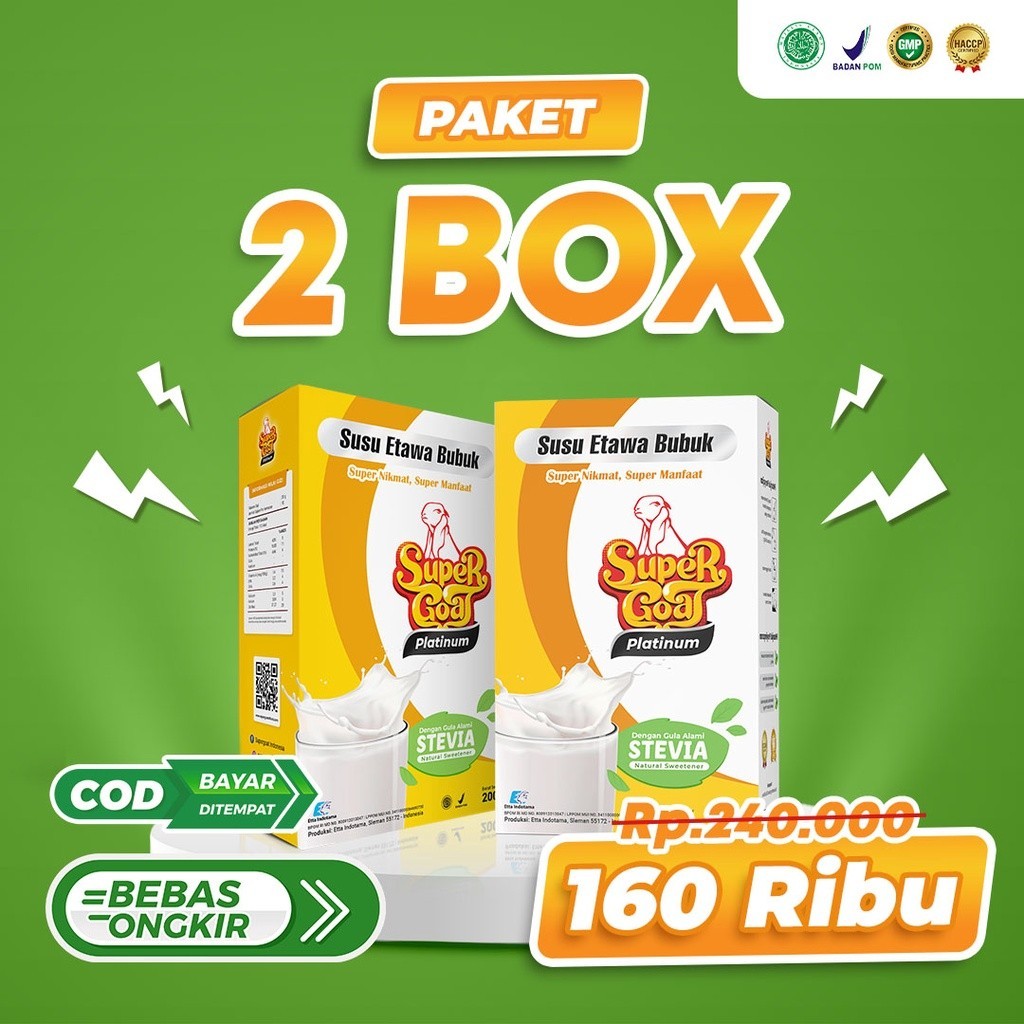 

SUPERGOAT PLATINUM - Susu Kambing Etawa Plus Stevia Solusi Kencing Manis, Diabetes Melitus, Cegah Gagal Ginjal Gula Darah Tinggi Kurangi Kadar Glukosa Atasi Kolestrol Membantu Pembentukan Insulin Alami dengan BPOM 100% HALAL