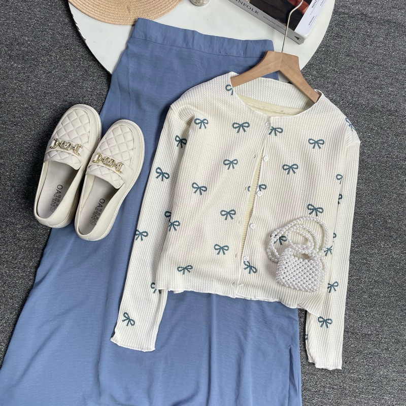 ONE SET SETELAN WANITA KEKINIAN ROK POLOS PANJANG KOREAN CEWEK REMAJA BAJU ATASAN CARDI PITA ROK POL