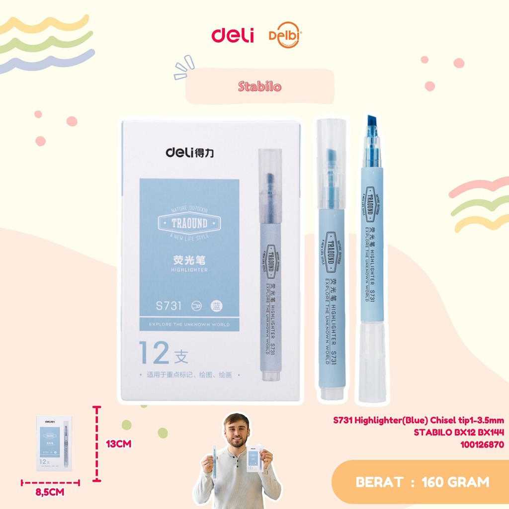 

DELI HIGHLIGHTER 6 WARNA CANDY DELI S731 Highlighter(Blue) Chisel tip1-3.5mm STABILO
