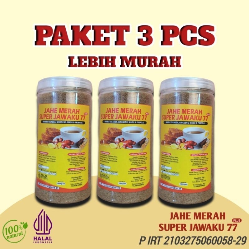 

PAKET 3 JAHE MERAH SUPER JAWAKU77 Plus Habbatussauda gingseng madu dan propolis 330gr dan 1kg/1000gr