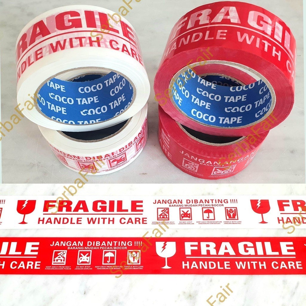 

Lakban Fragile Merah / Putih Coco Premium Tape 2 Inch (48mm) 90 Yards 2 Bahasa Lengkap