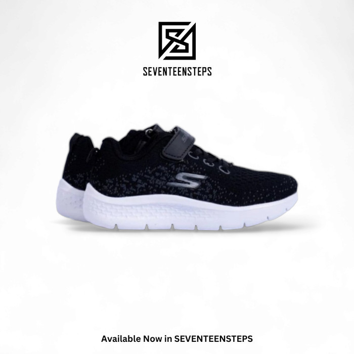 Sepatu Anak Skechers Original Kids Strap Tali Black Black White Silver