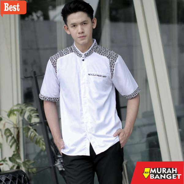 Baju muslim pria pendek- Baju Koko Pria Lengan Pendek Elrumi Motif Araseo Berkombinasi Batik Terbaru