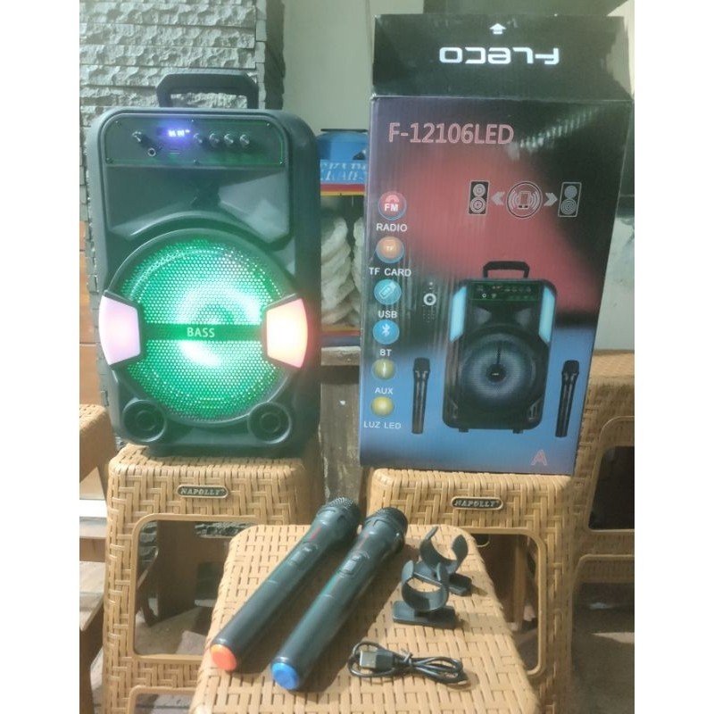 Ok gass TERMURAH SPEAKER BLUETOOTH FLECO F 12106 LED 12 INCH FREE 2 MIC WIRELESS KARAOKE + REMOTE - 