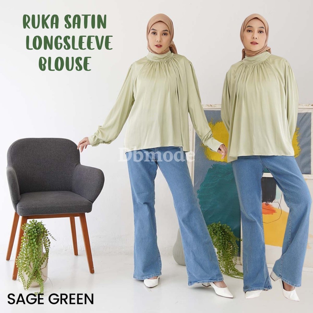 MF Ruka Baju Atasan Blouse Wanita Lengan Panjang Satin Silk Premium Polos Sage Green Hijab Muslim Ke