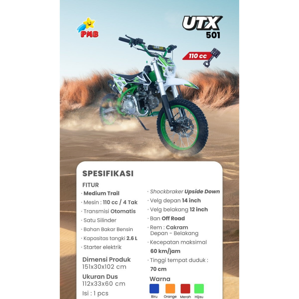 Motor Trail Anak - PMB Motor Bensin 501 110cc/4Tak | Kapasitas Tangki 2.6L | UTX-501