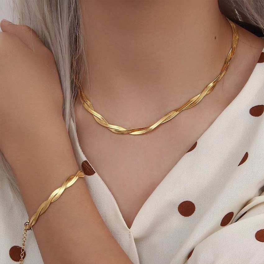Kalung Titanium Gold Belut 2 Layer Emas Gold Necklace Choker Rantai Leher Kalung Wanita