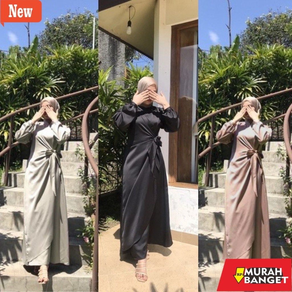 Gamis wanita untuk lebaran- ARABELL DRESS LILIT SATIN TALI PINGGANG GAMIS HITAM POLOS ELEGAN DRESS K