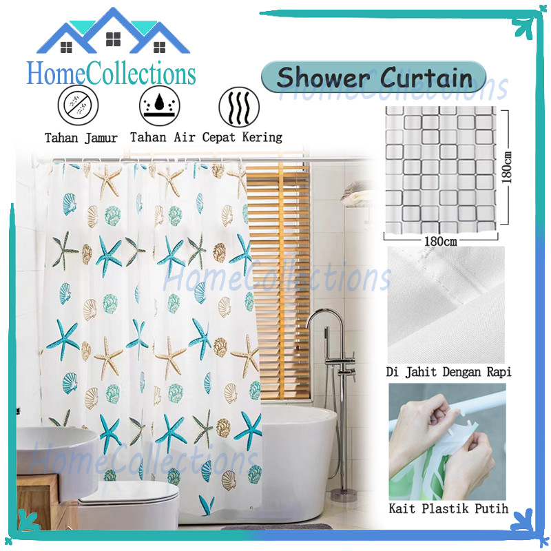 Tirai Kamar Mandi Bahan Tebal/ Shower Curtain 180 x 180cm/Shower Curtain+ Kaitan/Tirai Anti Air Show