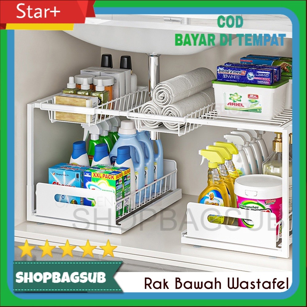 Rak Bawah Wastafel Dapur Kamar Mandi 2 Tingkat Sliding Laci Penyimpan Sabun Bumbu Multifungsi