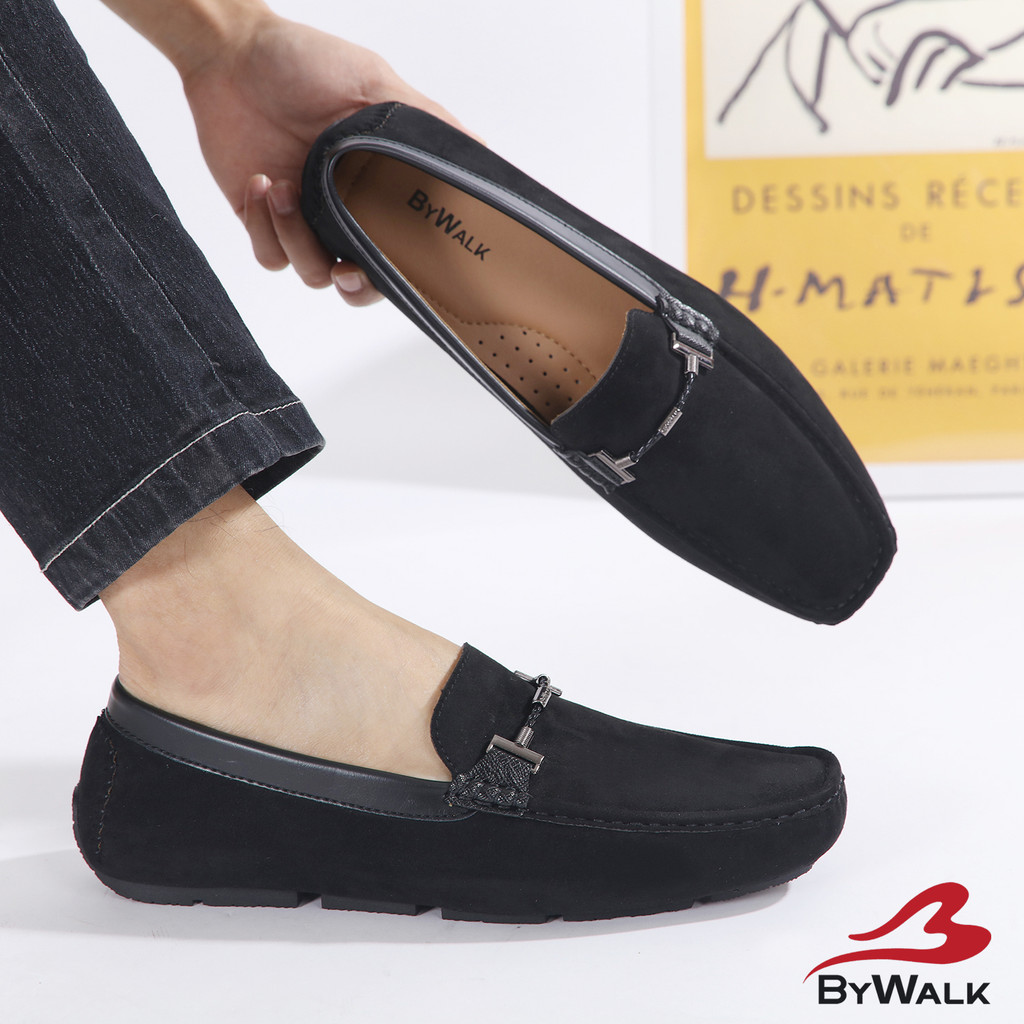 bestpromo bywalk calcio1 sepatu loafers pria formal casual moccasin slip on kerja bludru hitam