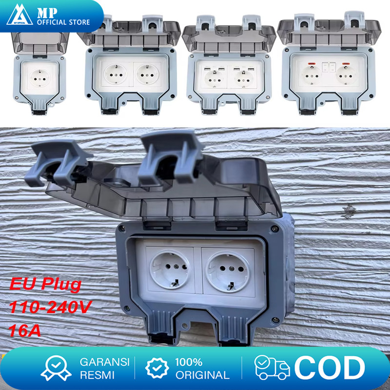 2500W Stop Kontak Listrik Power Outlet 16A 2 Gang Eu Plug Dengan Lampu Led Anti Air Untuk Outdoor/16