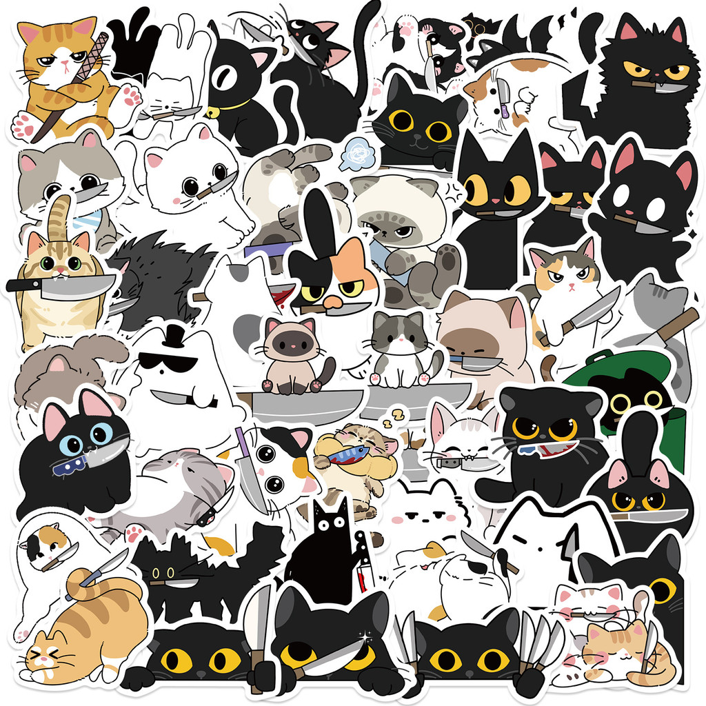

50pcs Cat with a Knife Cartoon Graffiti Stickers Phone Guitar Laptop Notebook Suitcase Water Bottles Waterproof Sticker Kids Toy