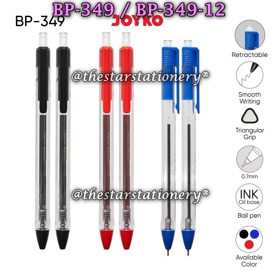 

(1 Pak isi 12 Biji) GROSIR Bolpen JOYKO BP-349 / Ball Pen Pulpen Pena Joyko BP-349 Vokus Trans 0.7 mm (1 Pak/12)