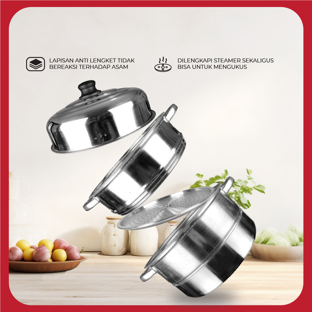 Panci Kukus Stainless Steel Tebal 3 Susun 30Cm 11 Liter Kukusan Dimsum Dandang Anti Lengket Jumbo