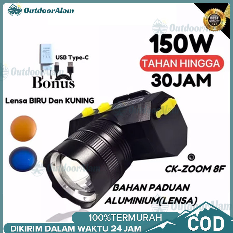 Senter Kepala Zoom Senter Kepala Super Terang 150/100Watt Teleskop LED Fokus