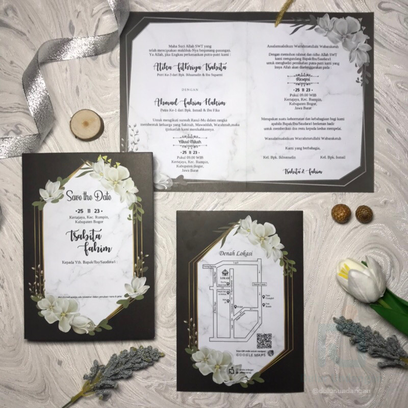 [ELEGANT SIMPLE FLOWER] SURAT UNDANGAN HITAM + PUTIH LIPAT DUA
