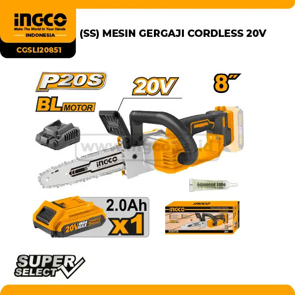 Cordless Chainsaw 8" Brushless INGCO CGSLI20851 Mesin Gergaji P20S
