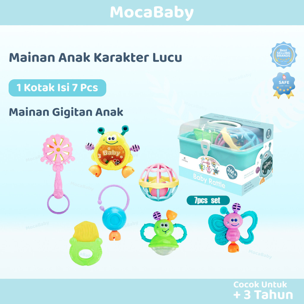 HN75TM Mocababy  Teether Rattle Teething Kit Mainan Gigitan Bayi Teether Mainan Bayi 6 Bulan 7pcs Ma