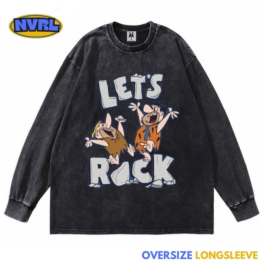 Kaos oversize longsleeve cartoon the flintstones lets rock washed washing vintage tee