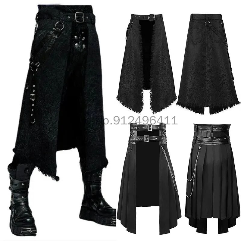 Medieval Gothic Men's Half Skirt Jacquard Steampunk Stylish Kilt Open Front Harujuku Burlesque Fring