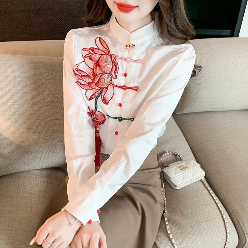 Produk Baru Musim Semi Wanita Cina Leher Lengan Panjang Kemeja Manset Kancing Baju Bordir Bergaya Ci