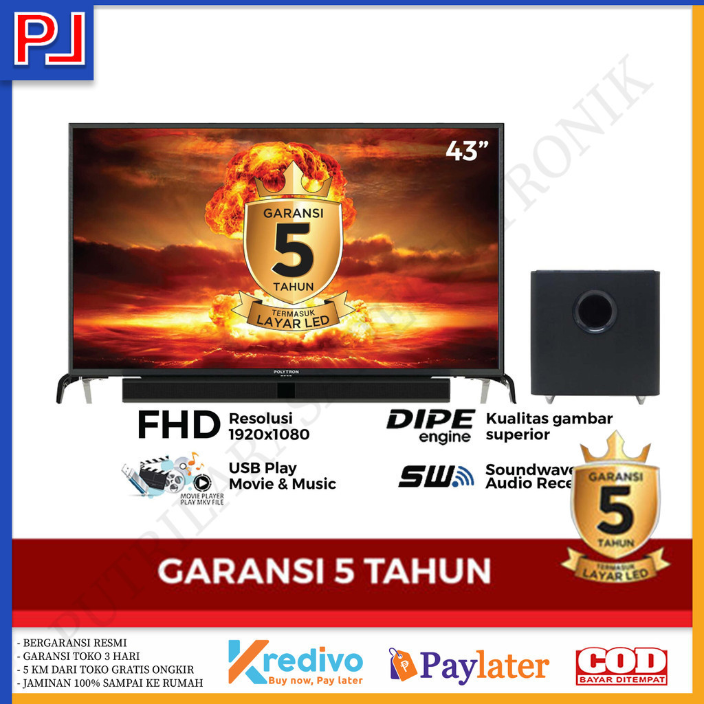 TV ANDROID POLYTRON SOUNDBAR 43 INCH 43BAG9953 GARANSI RESMI