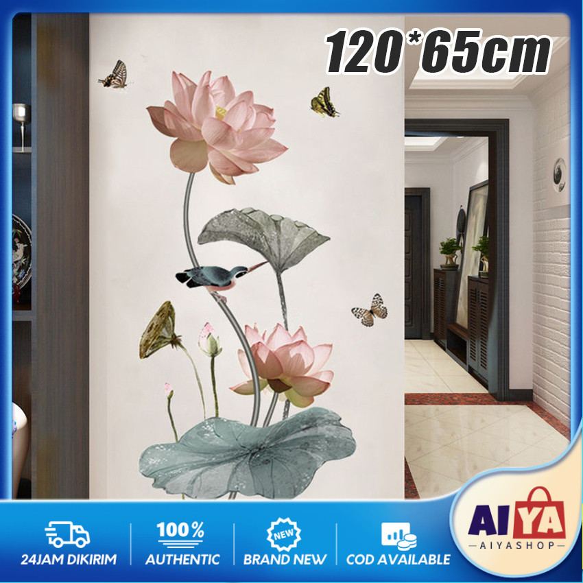 Stiker Bunga Lotus Kupu -Kupu Wall Sticker Flower Chinese Stiker Dinding Besar