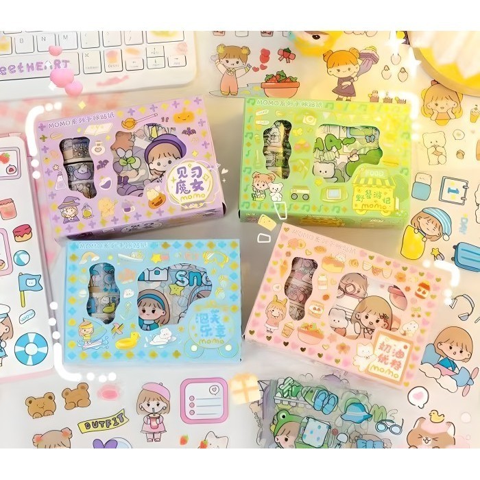 

10 PCS+4 ROLL Stiker MOMO Motif Kartun Korea Lucu Anti Air Bahan PET