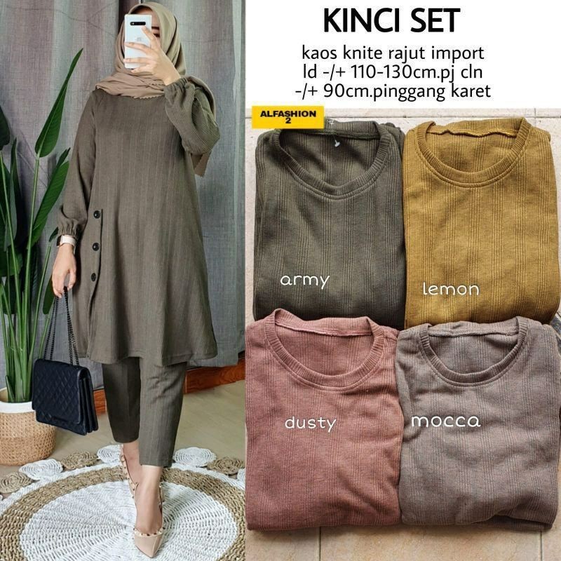 Best Seller Bisa COD Setelan Wanita Tunik Dan Celana Bahan Kaos Knit Jumbo Premium Kinci Set by Alfa