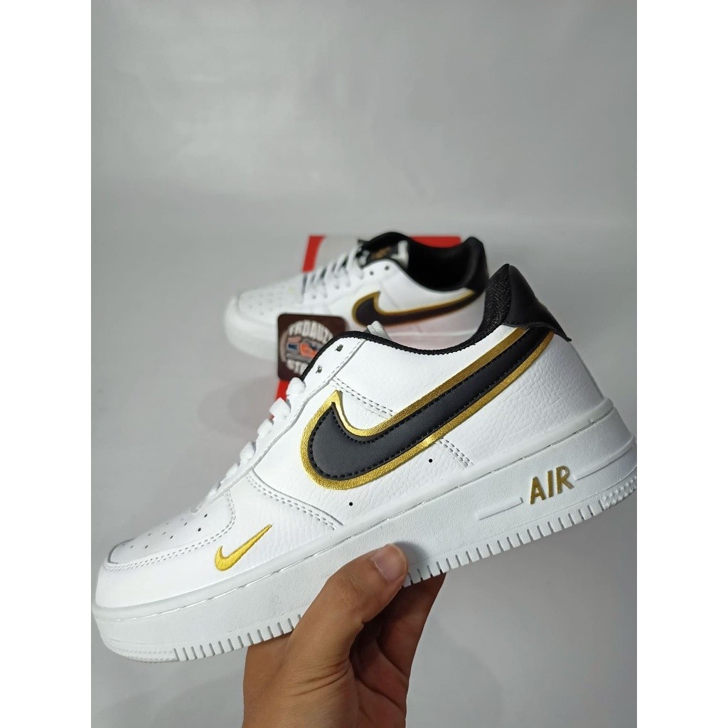 NIKE AIR FORCE 1 WHITE BLACK GOLD ORIGINAL - SEPATU PRIA WANITA / NIKE AIR FORCE 1 ORIGINAL FULL TAG