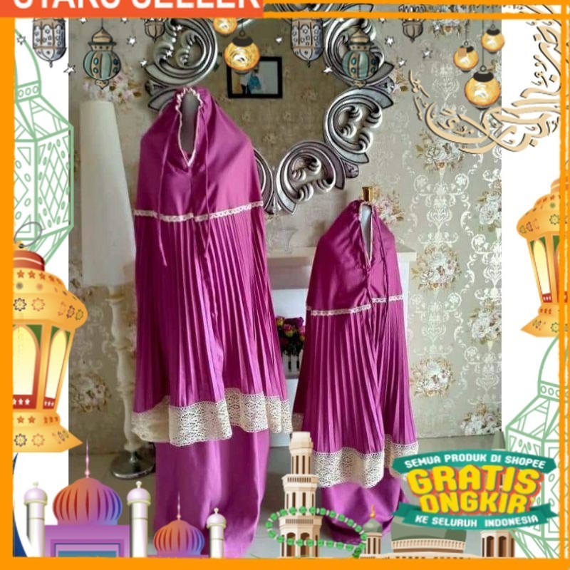 Mukena couple plisket ibu dan anak/ Pink Dusty Fanta Merah muda