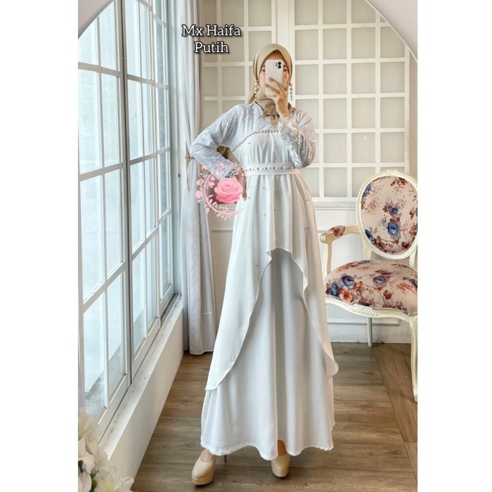 PROMO Hari Raya Idul Fitri- Gamis Kondangan HAIFA Brukat Tile Mutiara Premium Mewah + Obi REAL PIC -