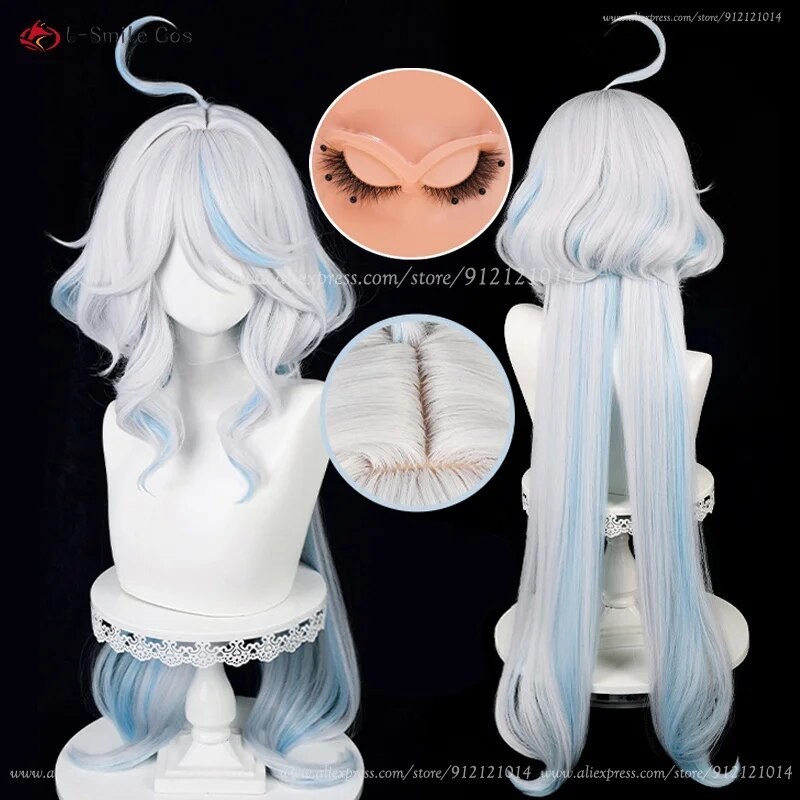 Wig Cosplay Fontaine Focalors 100cm Wig Furina panjang Wig wanita keriting biru putih Wig Anime ramb
