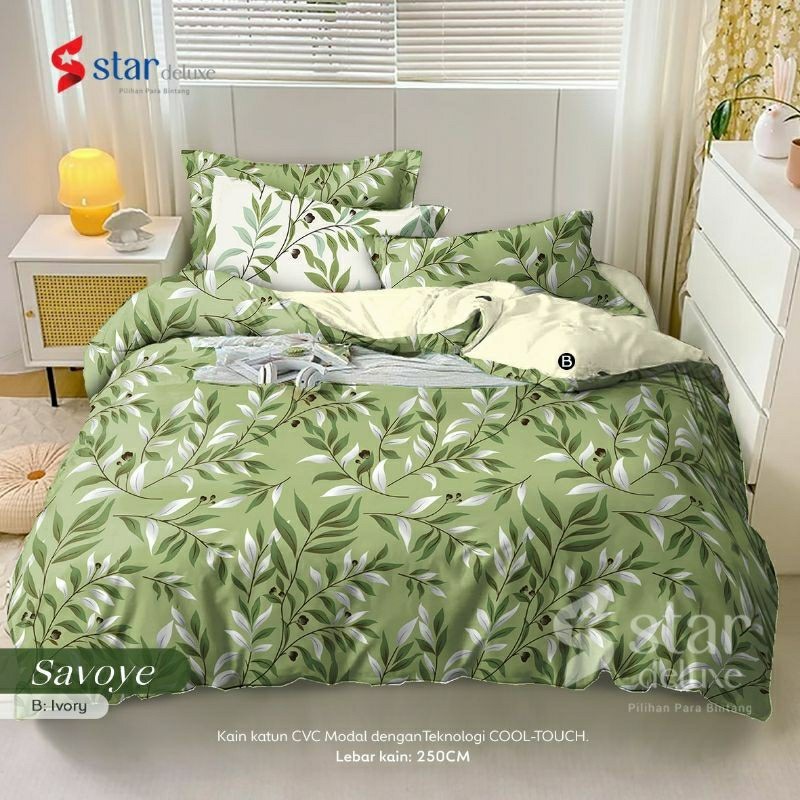 Bedcover + sprei anti geser katun star motif SAVOYE kombinasi hijau dan putih