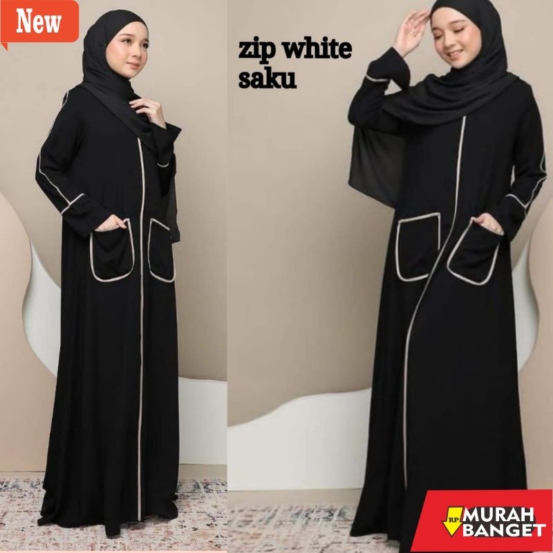 abaya lebaran ala Turkey- ALMA ABAYA HITAM TURKEY ZIPER WHITE SAKU (BUSUI)