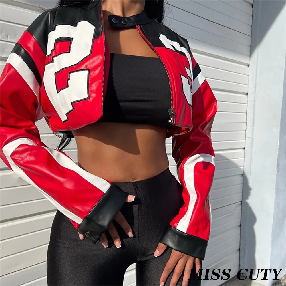 Winter Leather Jackets Women Crop Varsity Baseball Coats Y2K Streetwear 2023 Cyber Racer Patchwork C