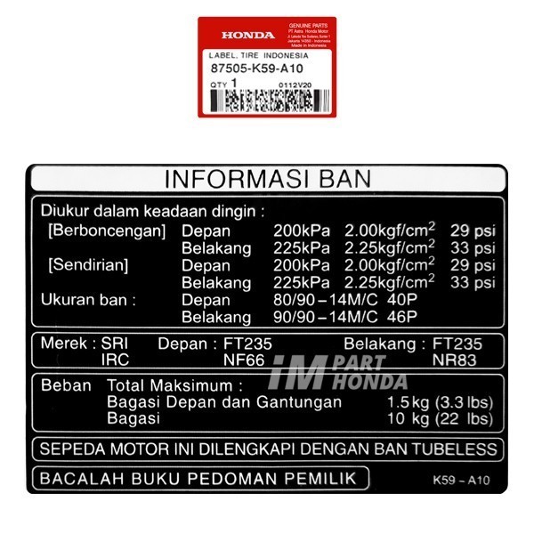 87505-K59-A10 Label Tire Stiker Informasi Tekanan Angin Ban Vario 125