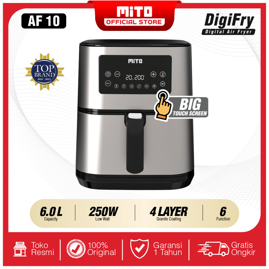 MITO Grande Air Fryer DigiFry AF10 Touch Screen Low Watt Mesin Penggoreng Tanpa Minyak 6L - Silver Black